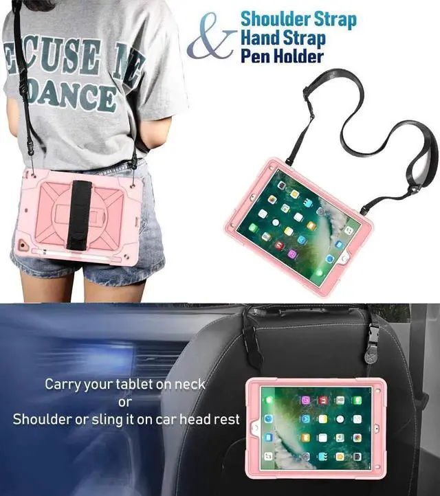 Alt view image 2 of 5 - Jaorty for iPad air 2/iPad Pro 9.7 2016 case,360 Rotable Handle Stand Kickstand Layer Pencil Holder Shockproof with Strap Shoulder Case for iPad 6th/5th Generation,New iPad 9.7 2017/2018,Rosegold