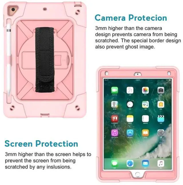 Alt view image 3 of 5 - Jaorty for iPad air 2/iPad Pro 9.7 2016 case,360 Rotable Handle Stand Kickstand Layer Pencil Holder Shockproof with Strap Shoulder Case for iPad 6th/5th Generation,New iPad 9.7 2017/2018,Rosegold