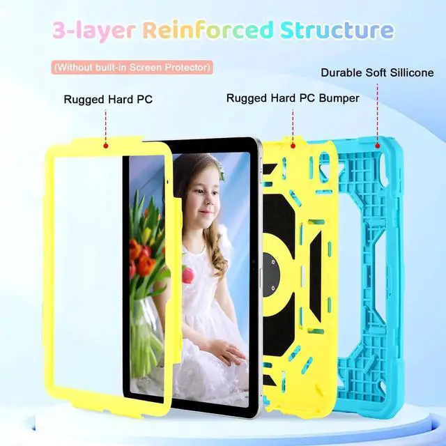 Alt view image 4 of 5 - Case for iPad (A16) 2025 11th Gen 10.9'', iPad 10th Generation 2022 10.9'', with Tempered Glass Screen Protector, Rugged Kid Case with Shoulder Strap/Pencil Holder/Folding Stand (Blue+Yellow)