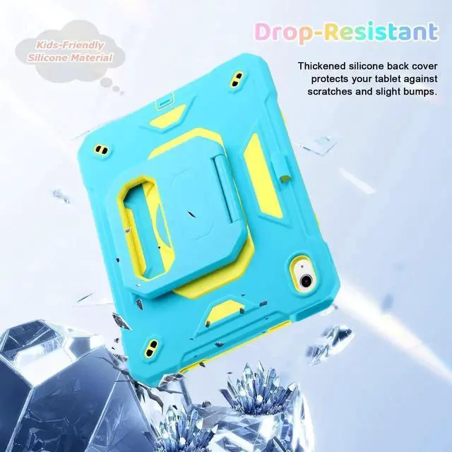 Alt view image 2 of 5 - Case for iPad (A16) 2025 11th Gen 10.9'', iPad 10th Generation 2022 10.9'', with Tempered Glass Screen Protector, Rugged Kid Case with Shoulder Strap/Pencil Holder/Folding Stand (Blue+Yellow)