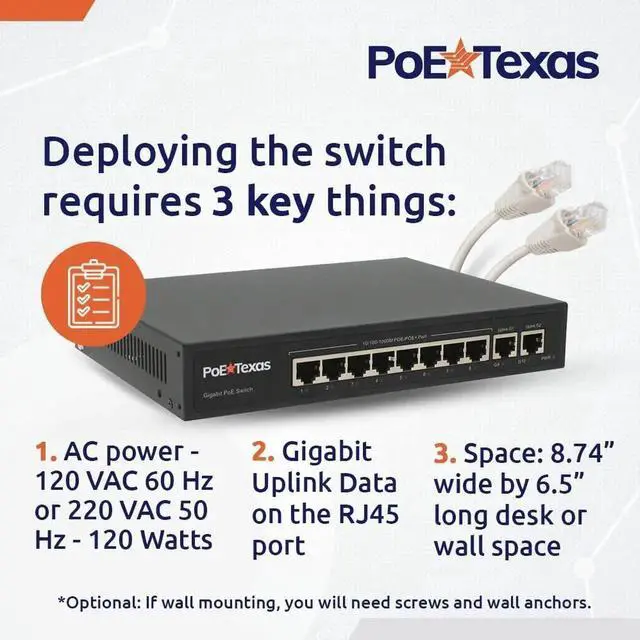 Alt view image 5 of 5 - PoE Texas 8 Port PoE Switch - 802.3af/at Power Over Ethernet with 8 PoE+ Ports, 2 LAN Uplink, VLAN & Extender - 120W High Speed Unmanaged Wired Network Switch - Security Camera, Video & More