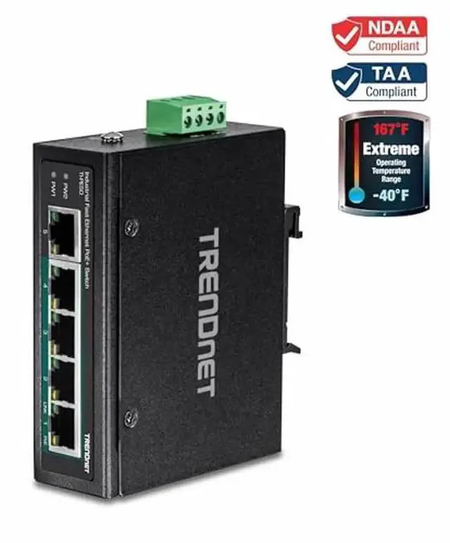 Alt view image 2 of 5 - TRENDnet 5-Port Industrial Unmanaged Fast Ethernet PoE+ DIN-Rail Switch, TI-PE50, 200W Power Budget, IP50 Rated, NDAA TAA Compliant, Lifetime Protection