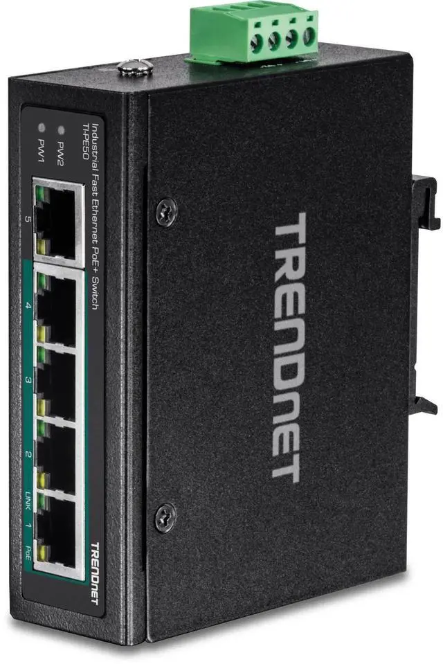 Main image of TRENDnet 5-Port Industrial Unmanaged Fast Ethernet PoE+ DIN-Rail Switch, TI-PE50, 200W Power Budget, IP50 Rated, NDAA TAA Compliant, Lifetime Protection
