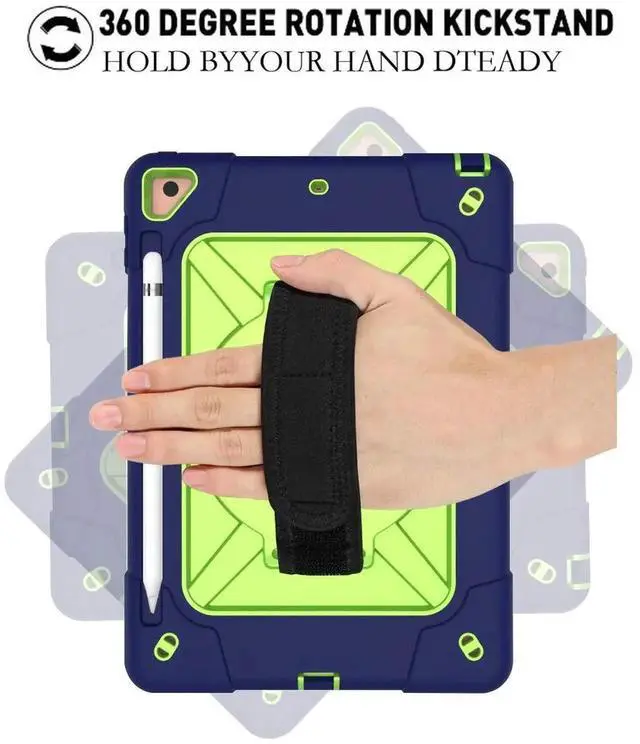 Alt view image 2 of 5 - Jaorty for iPad air 2/iPad Pro 9.7 2016 case,360 Rotable Handle Kickstand Layer Pencil Holder Shockproof with Strap Shoulder Case for iPad 6th/5th Generation,New iPad 9.7 2017/2018,NavyBlue+Olivine