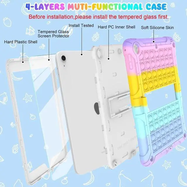 Alt view image 2 of 5 - TSQQST iPad 5th/6th Generation Case Pink Purple for Kids Girls with Glass Screen Protector 2017 2018 | iPad Air 2 Case w/Stand+Strap+Pencil Holder | Shockprooof Case for iPad Pro 9.7 Inch | Colorful