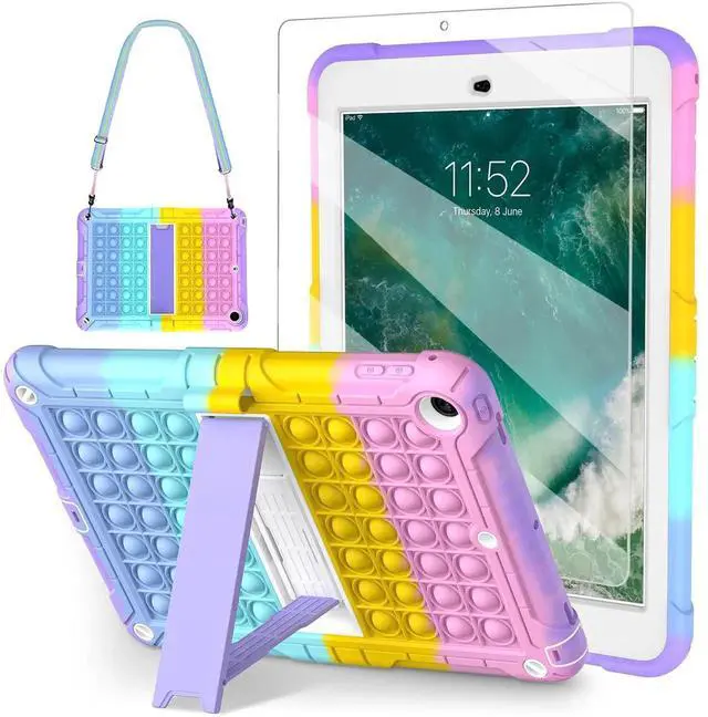 Main image of TSQQST iPad 5th/6th Generation Case Pink Purple for Kids Girls with Glass Screen Protector 2017 2018 | iPad Air 2 Case w/Stand+Strap+Pencil Holder | Shockprooof Case for iPad Pro 9.7 Inch | Colorful