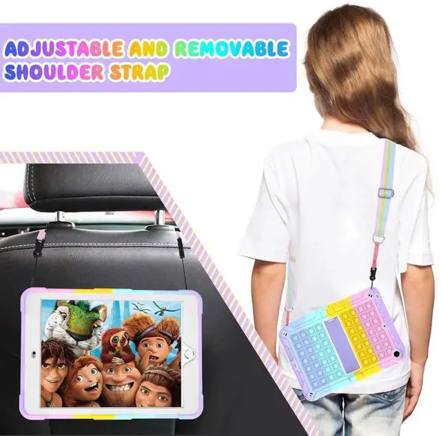 Alt view image 4 of 5 - TSQQST iPad 5th/6th Generation Case Pink Purple for Kids Girls with Glass Screen Protector 2017 2018 | iPad Air 2 Case w/Stand+Strap+Pencil Holder | Shockprooof Case for iPad Pro 9.7 Inch | Colorful