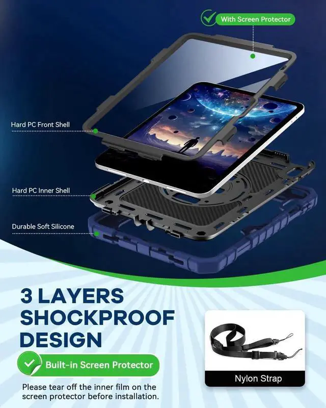 Alt view image 3 of 5 - Cantis Case for iPad 11-inch (A16) 2025/ iPad 10th Generation 2022 (10.9 inch) with Screen Protector, iPad 11th Case with 360 Degree Rotating Stand/Shoulder Strap/Pencil Holder, Navy Blue