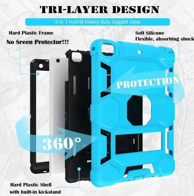 Alt view image 2 of 5 - CCMAO Case for iPad 6th Generation/ipad 5th Generation/iPad 9.7 Inch (2018/2017 Model), iPad Air 2 Case, Hybrid Shockproof Rugged Protective Cover with Kickstand for Kids Boys, Sky Blue+Black