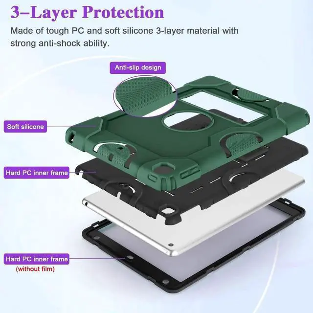 Alt view image 4 of 5 - ZoneFoker for iPad 9th Generation Case, iPad 8th 7th Generation Case, iPad 10.2 Inch 2021/2020/2019 Case, Heavy Duty Rugged Shockproof Protective Cover with Kickstand for Kids Dark Green