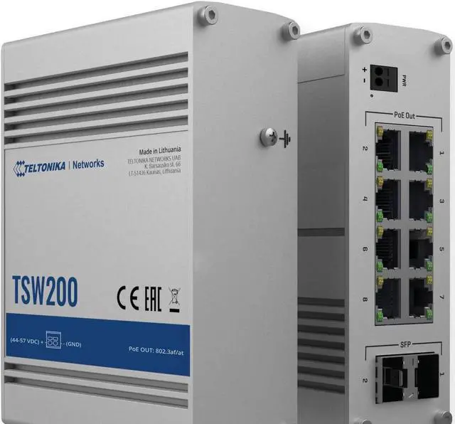 Alt view image 5 of 5 - Teltonika TSW200000010 Model TSW200 Industrial Unmanaged POE+ Switch, 8X PoE Ports, 8 x Ethernet Ports, Rugged Aluminum Housing, 2 SFP Ports for Long-Range Fiber-Optic, 20 Gbps Bandwidth Non-Blocking