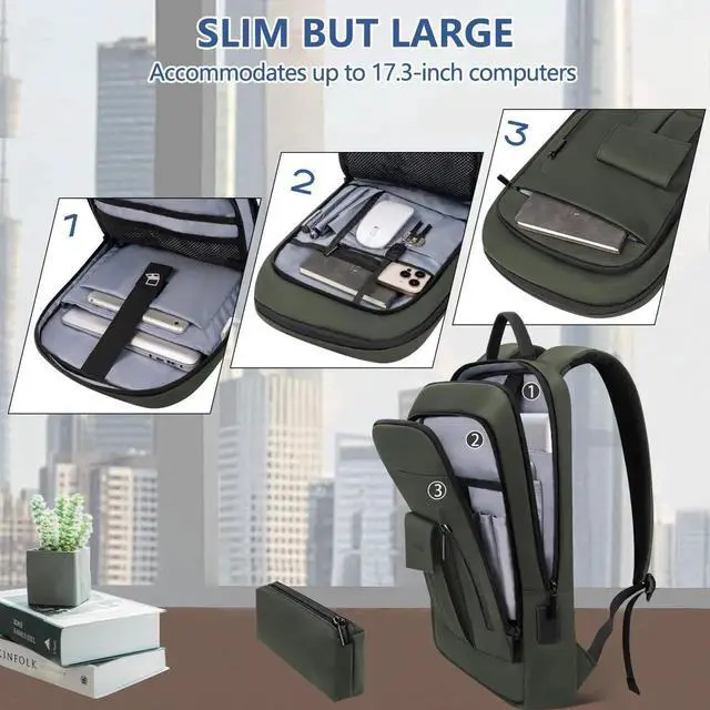 Alt view image 5 of 5 - Business Backpack for Men Slim Lightweight Laptop Backpack for 17.3 Inch Computer Water Resistant Small Office Backpack for Commute Travel Daily Office Work with Small Bag (Green)