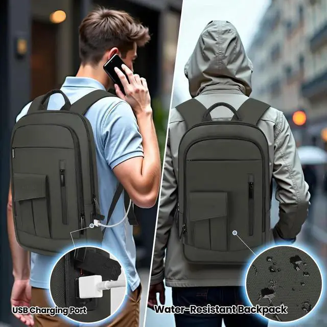 Alt view image 3 of 5 - Business Backpack for Men Slim Lightweight Laptop Backpack for 17.3 Inch Computer Water Resistant Small Office Backpack for Commute Travel Daily Office Work with Small Bag (Green)