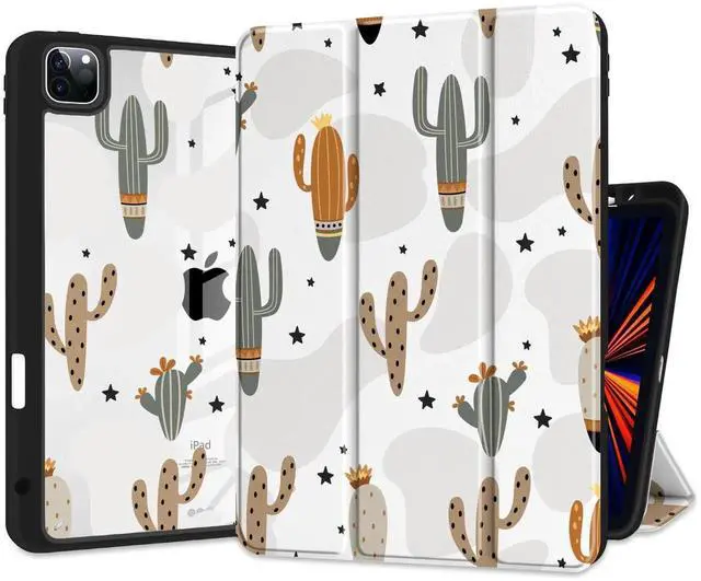 Main image of Yebiseven Case for iPad 10.2 inch 9th/8th/7th Generation, Smart Tablet Case for iPad 10.2" 2021/2020/2019, Hard Clear Acrylic Back Shell with Pencil Holder + Auto Wake/Sleep, Cute Cactus