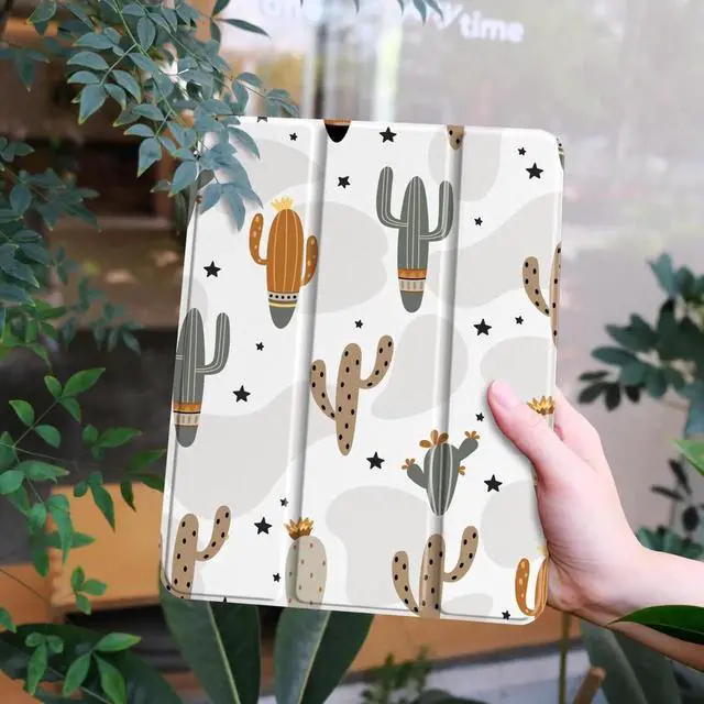 Alt view image 5 of 5 - Yebiseven Case for iPad 10.2 inch 9th/8th/7th Generation, Smart Tablet Case for iPad 10.2" 2021/2020/2019, Hard Clear Acrylic Back Shell with Pencil Holder + Auto Wake/Sleep, Cute Cactus