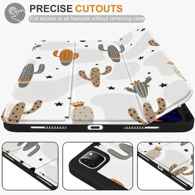 Alt view image 3 of 5 - Yebiseven Case for iPad 10.2 inch 9th/8th/7th Generation, Smart Tablet Case for iPad 10.2" 2021/2020/2019, Hard Clear Acrylic Back Shell with Pencil Holder + Auto Wake/Sleep, Cute Cactus