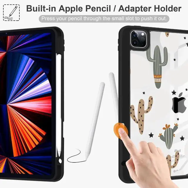 Alt view image 2 of 5 - Yebiseven Case for iPad 10.2 inch 9th/8th/7th Generation, Smart Tablet Case for iPad 10.2" 2021/2020/2019, Hard Clear Acrylic Back Shell with Pencil Holder + Auto Wake/Sleep, Cute Cactus