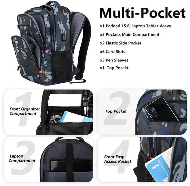 Alt view image 2 of 5 - Skaypibs Laptop Backpack for Men,School Backpack with USB Charging Port,Water Resistant Backpack for teens boys,Business Work College bookbag,book bag Fits 15.6 Inch,Blue Back Pack