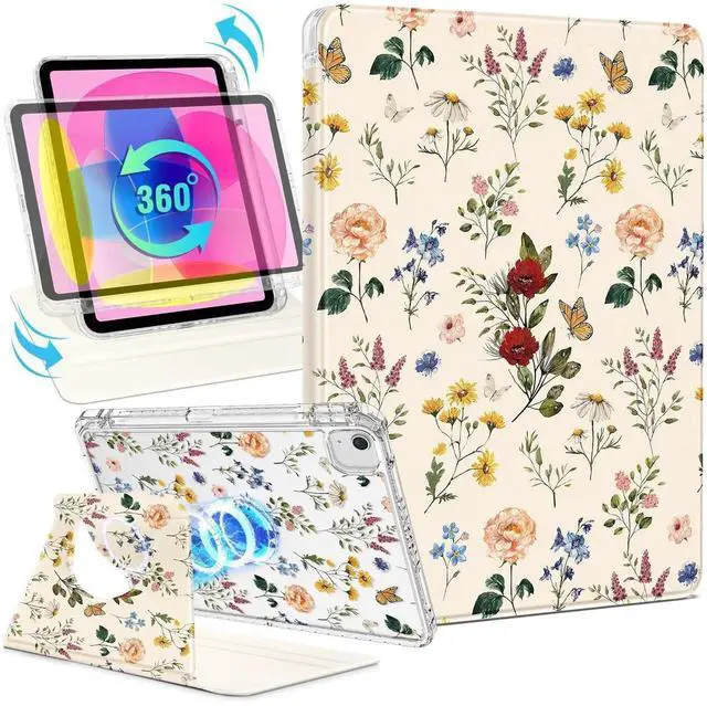 Alt view image 5 of 5 - Shorogyt for iPad Air 11 Inch Case M3 2025&M2 2024/Air 5th Generation 2022/Air 4th Gen 2020/Pro 11 Inch Case Magnetic Stand for Women - Cute 360 Degree Rotating Covers Girls Pencil Holder,Retro Flower