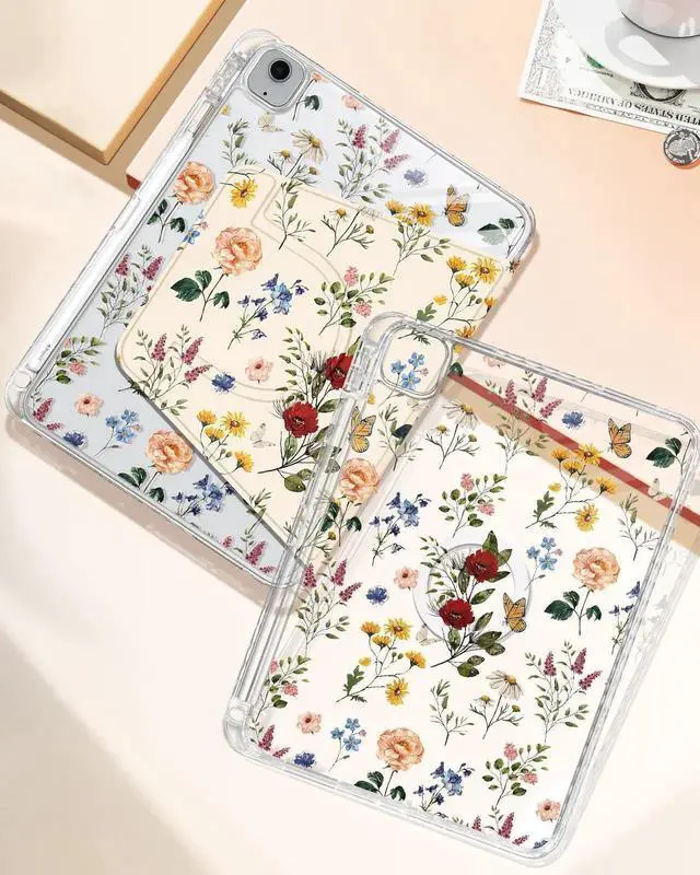 Alt view image 4 of 5 - Shorogyt for iPad Air 11 Inch Case M3 2025&M2 2024/Air 5th Generation 2022/Air 4th Gen 2020/Pro 11 Inch Case Magnetic Stand for Women - Cute 360 Degree Rotating Covers Girls Pencil Holder,Retro Flower