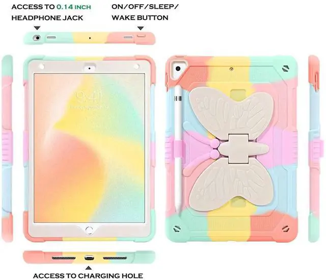 Alt view image 4 of 5 - YINLAI Case for iPad 6th Generation Cases,iPad 9.7 Inch 6th/5th Generation 2018/2017 /iPad Air 2/ Pro 9.7 Case with Pencil Holder Butterfly Stand Girls Kid Shockproof Protective Cover, Colorful Pink