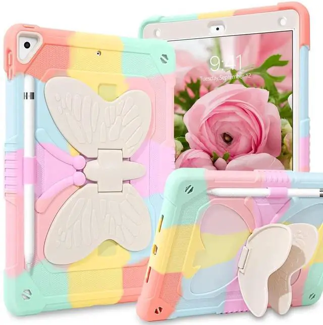 Alt view image 2 of 5 - YINLAI Case for iPad 6th Generation Cases,iPad 9.7 Inch 6th/5th Generation 2018/2017 /iPad Air 2/ Pro 9.7 Case with Pencil Holder Butterfly Stand Girls Kid Shockproof Protective Cover, Colorful Pink