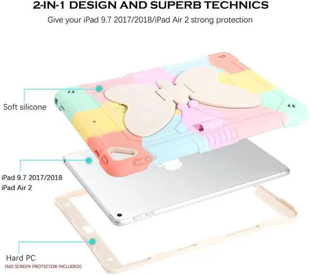 Alt view image 5 of 5 - YINLAI Case for iPad 6th Generation Cases,iPad 9.7 Inch 6th/5th Generation 2018/2017 /iPad Air 2/ Pro 9.7 Case with Pencil Holder Butterfly Stand Girls Kid Shockproof Protective Cover, Colorful Pink