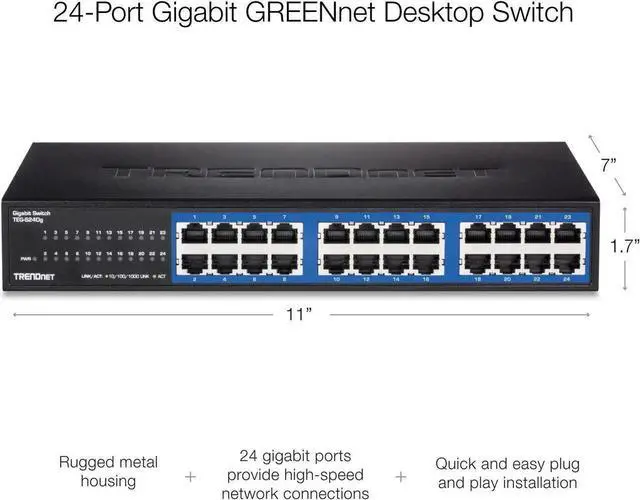 Alt view image 5 of 5 - TRENDnet 24-Port Unmanaged Gigabit GREENnet Desktop Switch, Ethernet Network Switch, 24 x 10-100-1000 Gigabit Ethernet RJ-45 Ports, 48Gbps Switching Capacity, Lifetime Protection, Black, TEG-S24DG