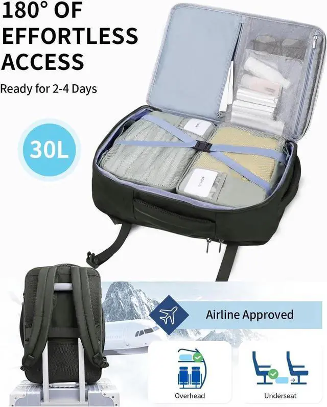 Alt view image 4 of 5 - ECOHUB Carry On Travel Backpack, Expandable Airlines Personal Item Bag 18x14x8, Water Resistant 17 inch Laptop Backpack Flight Approved, 12 Pockets 30L Work Backpacks with Wet Pocket & Cable Slot