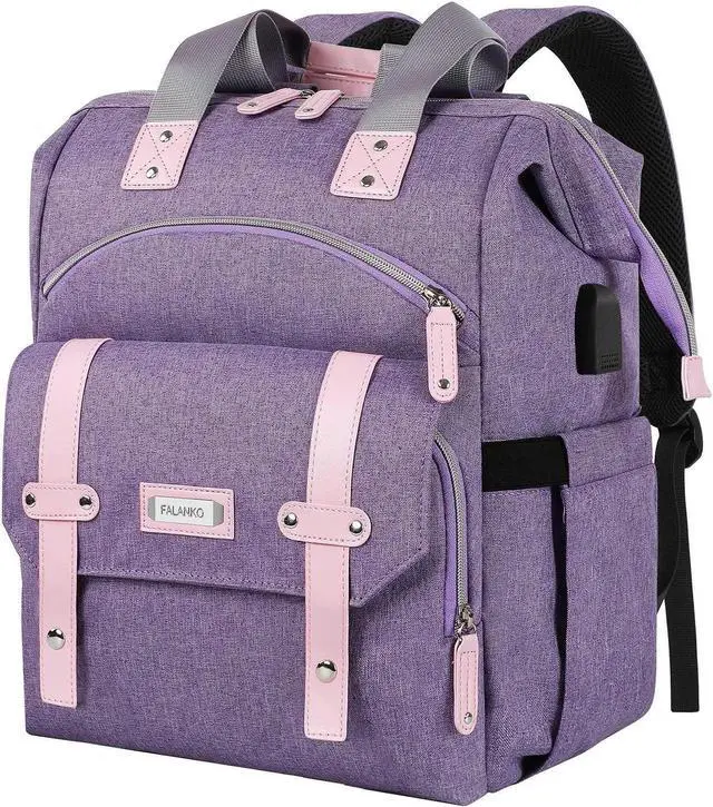 Main image of FALANKO Laptop Backpack for Women,Large Computer Backpack Fits 17 Inch Laptop with USB Charging Port RFID Water Resistant purse Casual Purple Bookbag for Teacher/work/College/nurse/Doctor/Woman