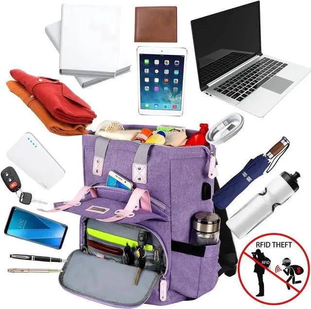 Alt view image 2 of 5 - FALANKO Laptop Backpack for Women,Large Computer Backpack Fits 17 Inch Laptop with USB Charging Port RFID Water Resistant purse Casual Purple Bookbag for Teacher/work/College/nurse/Doctor/Woman
