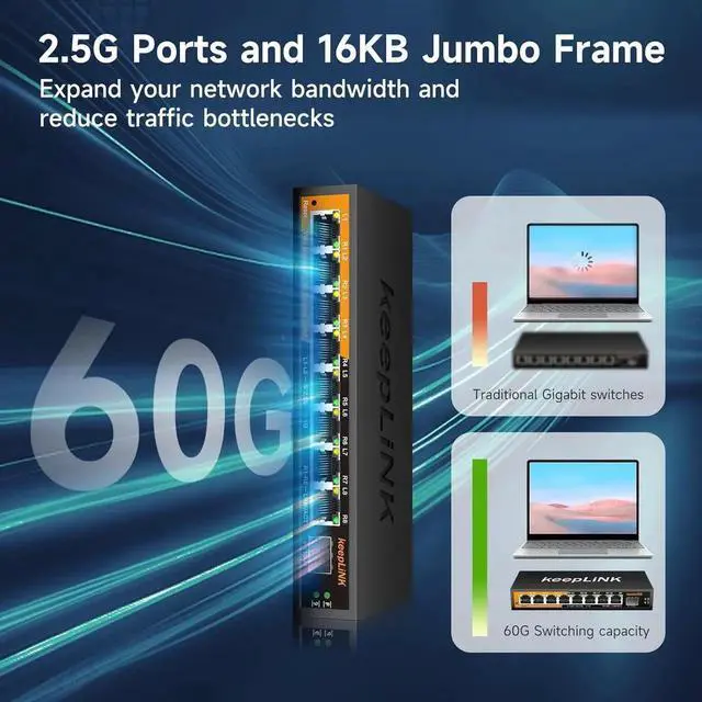 Alt view image 3 of 5 - keepLiNK 8 Ports 2.5G Switch Smart Web Managed, 8 x 2.5G Base-T & 1 x 10G SFP Slot, Support 802.3ad Static Aggregation, QOS/VLAN/IGMP, Metal Housing Network Ethernet Switch