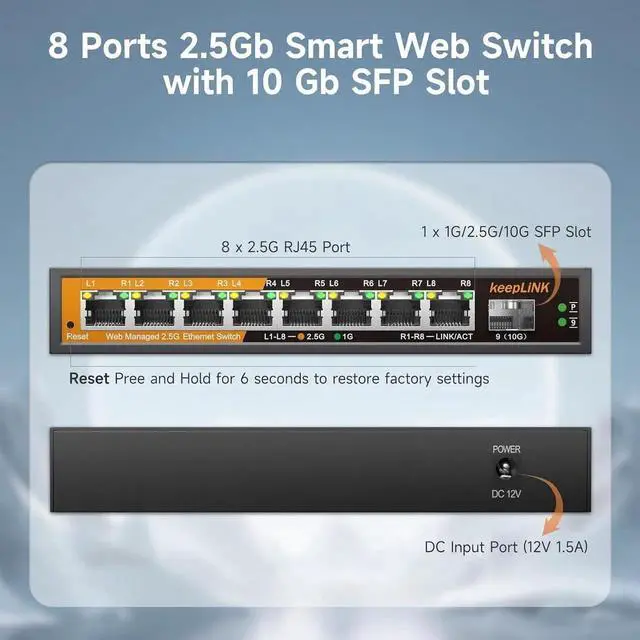 Alt view image 2 of 5 - keepLiNK 8 Ports 2.5G Switch Smart Web Managed, 8 x 2.5G Base-T & 1 x 10G SFP Slot, Support 802.3ad Static Aggregation, QOS/VLAN/IGMP, Metal Housing Network Ethernet Switch