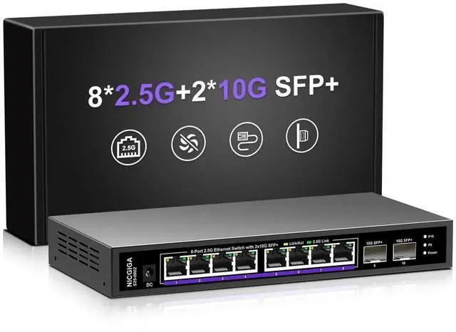 Main image of 10 Port 2.5Gb Unmanaged Ethernet Switch with 8* 2.5G Base-T Ports + 2* 10G SFP+ Ports. NICGIGA 8 Port 2.5Gbps Network Switch for 2.5Gbps NAS/PC, WiFi6 Router, Wireless AP. Fanless Design.