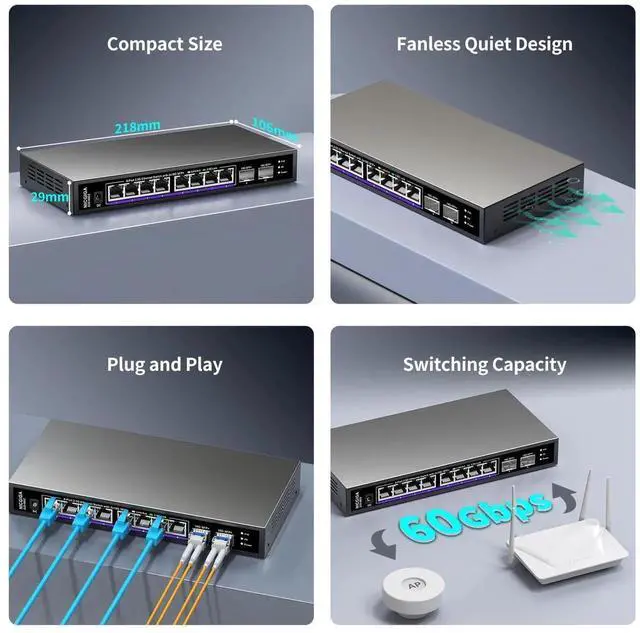 Alt view image 3 of 5 - 10 Port 2.5Gb Unmanaged Ethernet Switch with 8* 2.5G Base-T Ports + 2* 10G SFP+ Ports. NICGIGA 8 Port 2.5Gbps Network Switch for 2.5Gbps NAS/PC, WiFi6 Router, Wireless AP. Fanless Design.