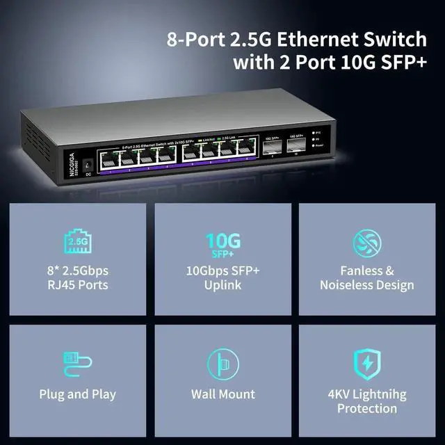 Alt view image 2 of 5 - 10 Port 2.5Gb Unmanaged Ethernet Switch with 8* 2.5G Base-T Ports + 2* 10G SFP+ Ports. NICGIGA 8 Port 2.5Gbps Network Switch for 2.5Gbps NAS/PC, WiFi6 Router, Wireless AP. Fanless Design.