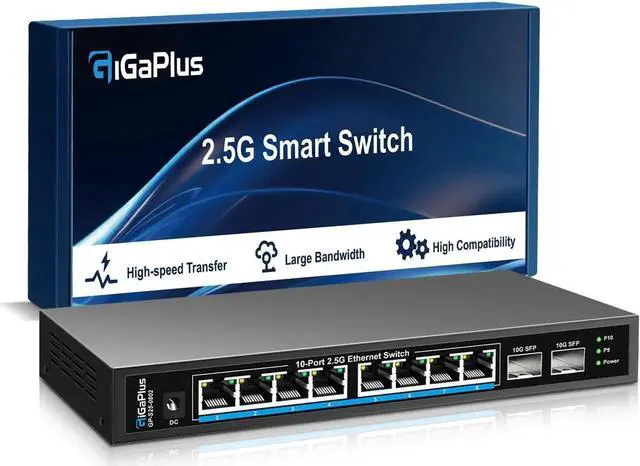 Main image of 10 Port 2.5Gb Unmanaged Ethernet Switch with 8* 2.5G Base-T Ports, 2* 10G SFP+ Ports. GiGaPlus 2.5Gbps Network Switch for 2.5Gbps NAS/PC, WiFi6 Router, Wireless AP. Fanless Design, Plug and Play