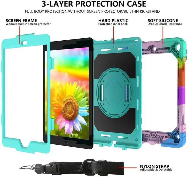 Alt view image 2 of 5 - for iPad 9th/8th/7th Generation Case,iPad 10.2 Case 2021/2020/2019, with Cute Key Chain, Rugged Protective Case with 360°Rotating Stand & Shoulder Hand Strap & Pen Slot for 10.2 Inch (Rainbow Aqua)