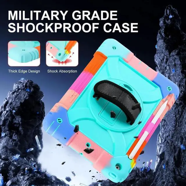 Alt view image 3 of 5 - for iPad 9th/8th/7th Generation Case,iPad 10.2 Case 2021/2020/2019, with Cute Key Chain, Rugged Protective Case with 360°Rotating Stand & Shoulder Hand Strap & Pen Slot for 10.2 Inch (Rainbow Aqua)