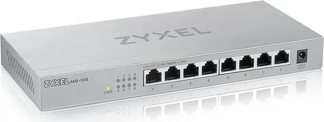 Main image of Zyxel 8-Port 2.5GbB MultiGig Ethernet Unmanaged Switch | 8 x 100/1G/2.5G Mbps Ports | Plug & Play | Metal Housing | Desktop or Wall-Mount | Ethernet Splitter MG-108