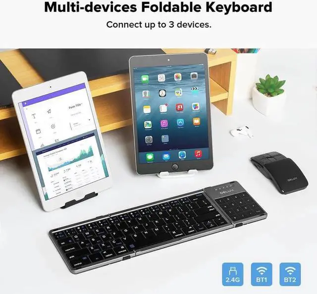 Alt view image 5 of 5 - DeLUX Foldable Keyboard with Touchpad and Numeric Keypad, 2.4G Wireless and Bluetooth, Rechargeable Portable Travel Folding Keyboard with PU Leather, for iOS Android Windows Tablet (KF18)