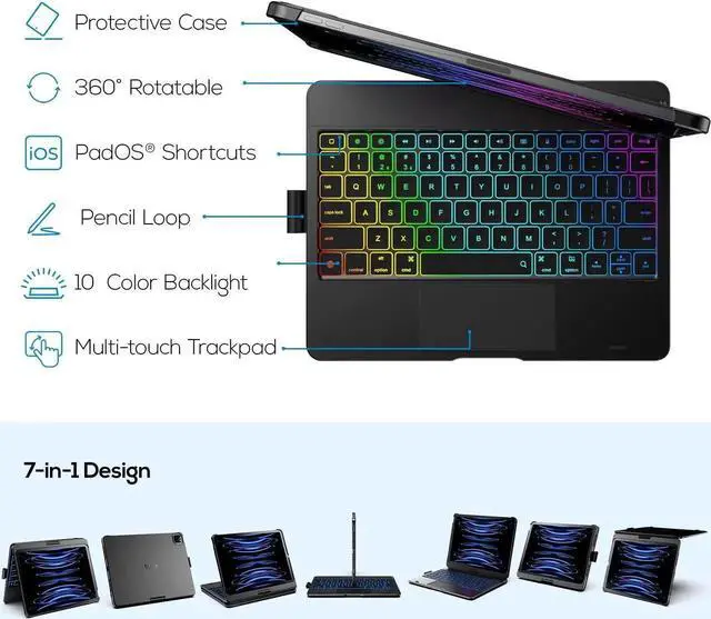 Alt view image 3 of 5 - typecase Touch Keyboard Case for iPad Air 11-inch (M3 2025 / M2 2024)& iPad Pro 11(4th/3rd/2nd/1st Gen):Multi-Touch Trackpad & 11 Colors Backlight&360°Rotatable,Thin & Light for iPad Air 5/4 Gen,Black