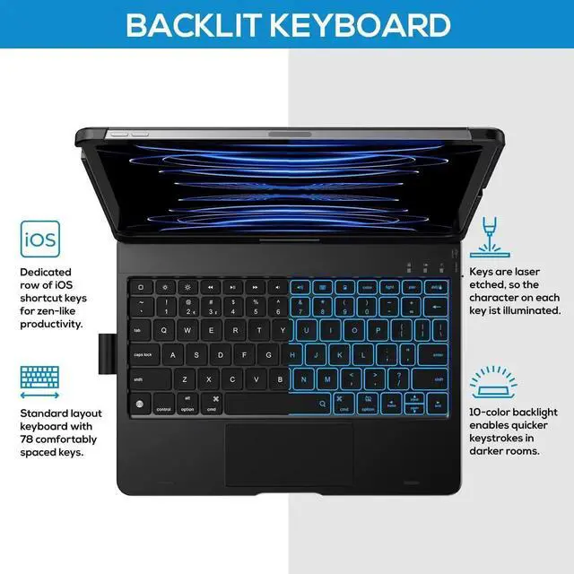 Alt view image 2 of 5 - typecase Touch Keyboard Case for iPad Air 11-inch (M3 2025 / M2 2024)& iPad Pro 11(4th/3rd/2nd/1st Gen):Multi-Touch Trackpad & 11 Colors Backlight&360°Rotatable,Thin & Light for iPad Air 5/4 Gen,Black