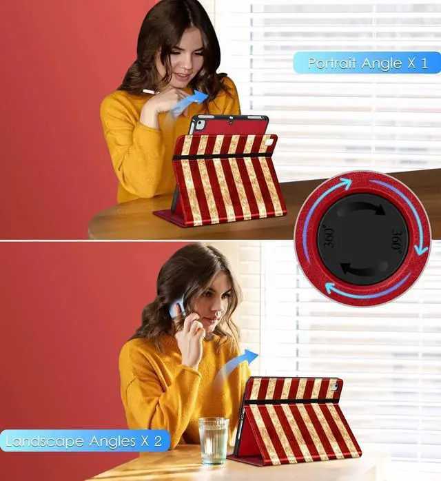 Alt view image 5 of 5 - DTTO Rotating Case for iPad 6th / 5th Generation 9.7 Inch 2018/2017, iPad Air 2 / Air 1 Case, 360 Degree Swiveling Premium Leather Folio Stand Cover with Pencil Holder - Auto Wake/Sleep, US Flag