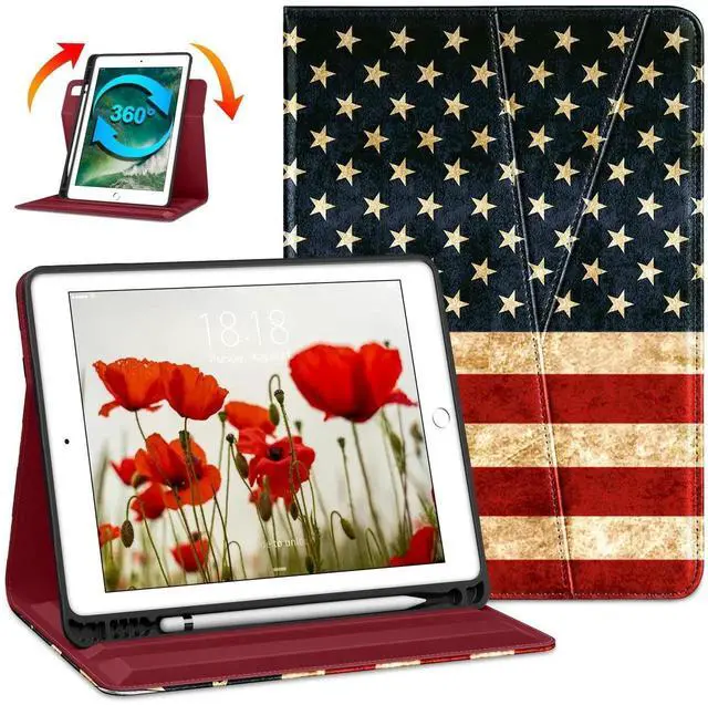 Alt view image 4 of 5 - DTTO Rotating Case for iPad 6th / 5th Generation 9.7 Inch 2018/2017, iPad Air 2 / Air 1 Case, 360 Degree Swiveling Premium Leather Folio Stand Cover with Pencil Holder - Auto Wake/Sleep, US Flag