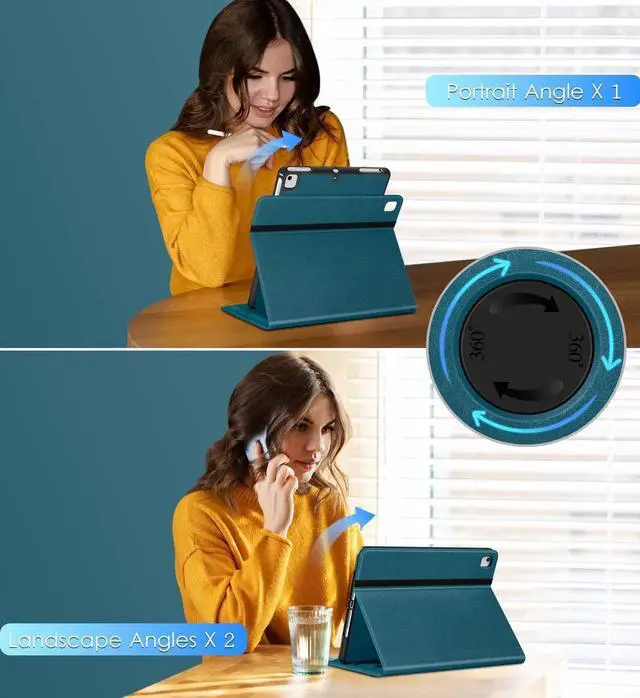 Main image of DTTO Rotating Case for iPad 6th / 5th Generation 9.7 Inch 2018/2017, iPad Air 2 / Air 1 Case, 360 Degree Swiveling Premium Leather Folio Stand Cover with Pencil Holder - Auto Wake/Sleep, Light Blue