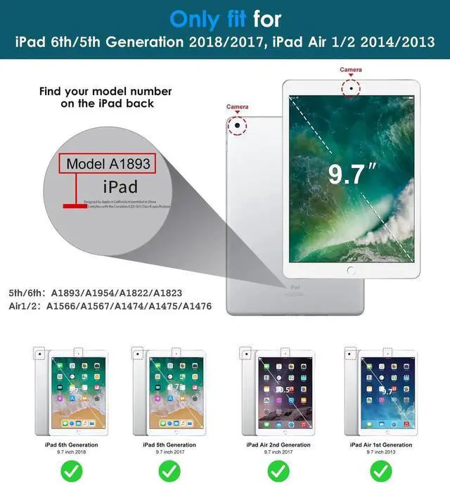 Alt view image 2 of 5 - DTTO Rotating Case for iPad 6th / 5th Generation 9.7 Inch 2018/2017, iPad Air 2 / Air 1 Case, 360 Degree Swiveling Premium Leather Folio Stand Cover with Pencil Holder - Auto Wake/Sleep, Light Blue