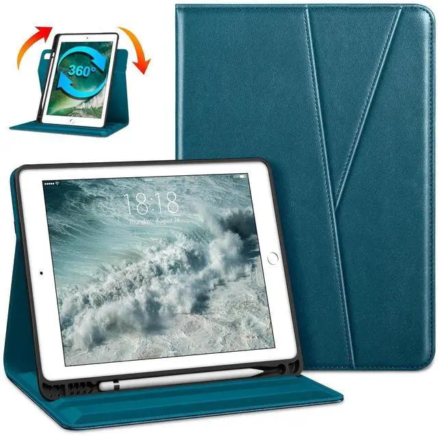 Alt view image 4 of 5 - DTTO Rotating Case for iPad 6th / 5th Generation 9.7 Inch 2018/2017, iPad Air 2 / Air 1 Case, 360 Degree Swiveling Premium Leather Folio Stand Cover with Pencil Holder - Auto Wake/Sleep, Light Blue