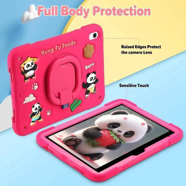 Alt view image 3 of 5 - YVYI Case for iPad A16 11th Generation 11 Inch 2025, iPad 10th Generation 10.9 Inch 2022, Silicone 3D Panda Design Kids Case Heavy Duty Protection with Kickstand/Pencil Holder/Strap (Rose)