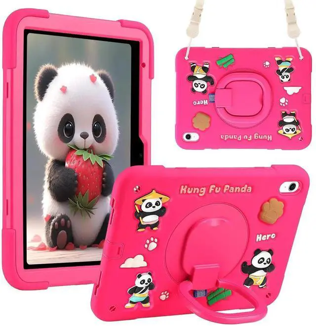 Main image of YVYI Case for iPad A16 11th Generation 11 Inch 2025, iPad 10th Generation 10.9 Inch 2022, Silicone 3D Panda Design Kids Case Heavy Duty Protection with Kickstand/Pencil Holder/Strap (Rose)